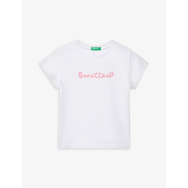 Benetton Girls White Kids Logo-print Organic-cotton T-shirt 1-6 Years