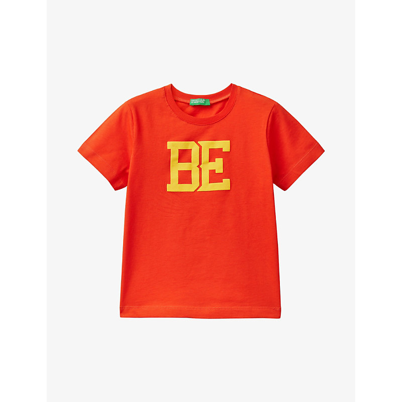 Benetton Kids' Logo-print Short-sleeve Organic-cotton T-shirt 1-6 Years In Orange/red
