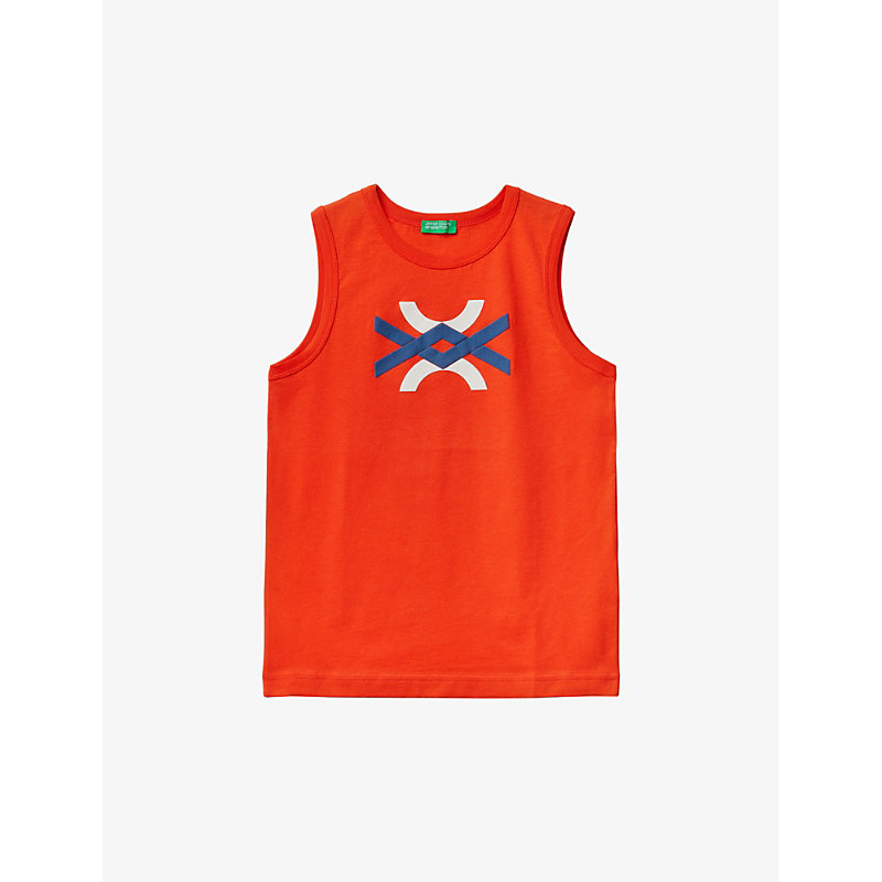 Benetton Kids' Logo-print Sleeveless Cotton T-shirt 6-14 Years In Orange/red