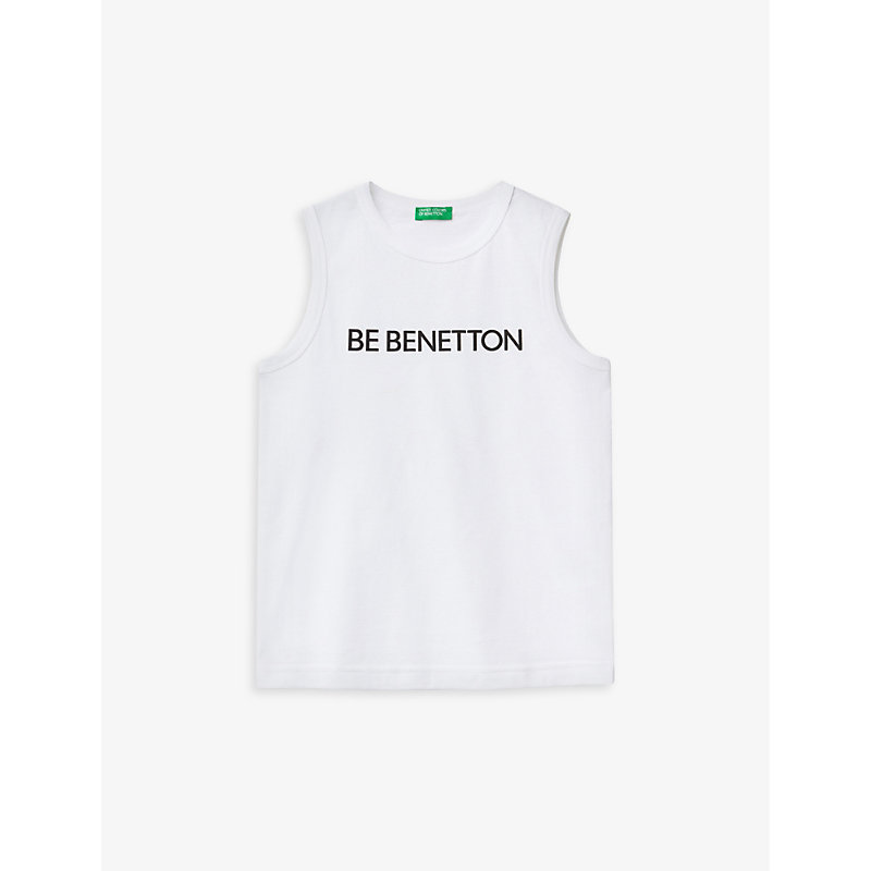 Benetton Girls White Kids Logo-print Sleeveless Cotton T-shirt 6-14 Years