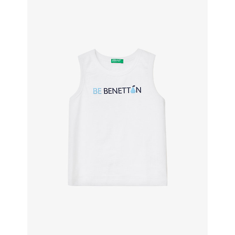Benetton Boys White Kids Logo-print Round-neck Sleeveless Cotton T-shirt 1-6 Years