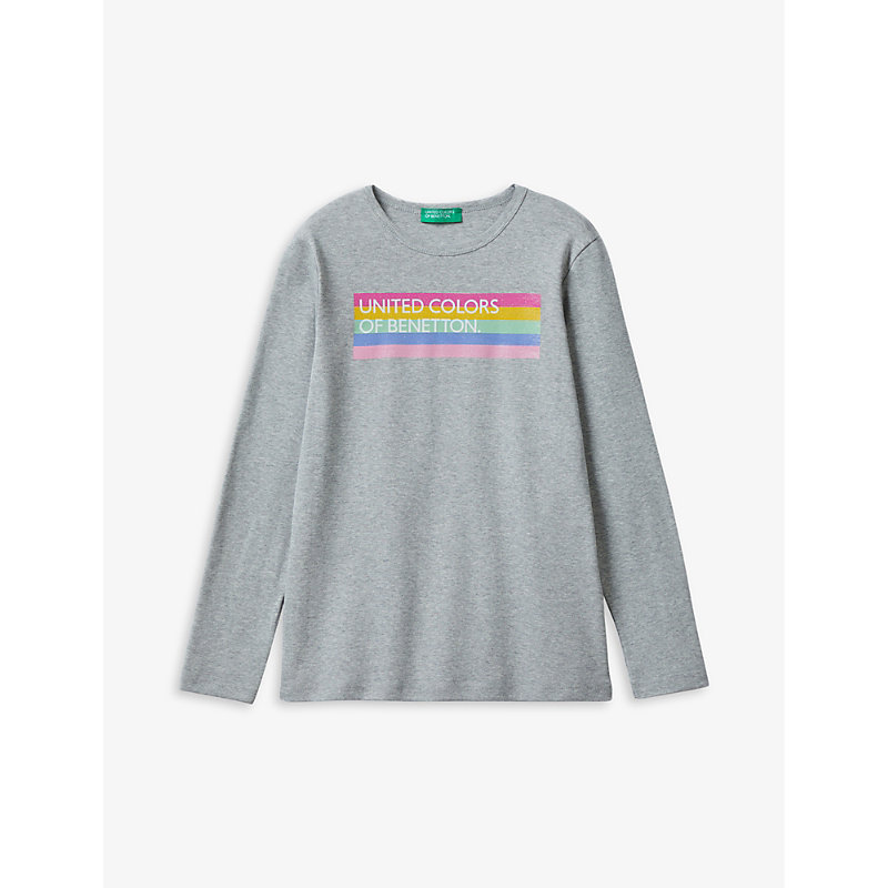 Benetton Girls Grey Kids Logo-print Long-sleeved Organic-cotton T-shirt 6-14 Years