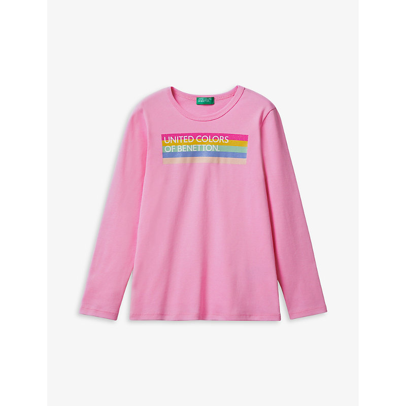 Benetton Girls Pink Kids Logo-print Long-sleeved Organic-cotton T-shirt 6-14 Years