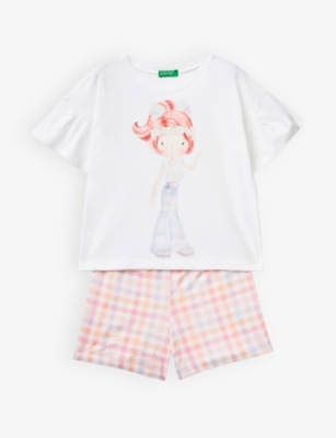 BENETTON: Checked cotton T-shirt and shorts set 18 months - 12 years