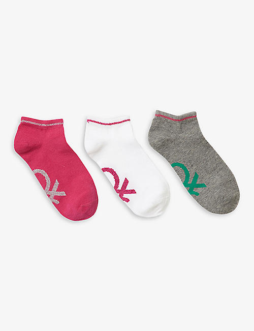 BENETTON: Pack of three logo-embroidered cotton-blend ankle socks 1-14 years