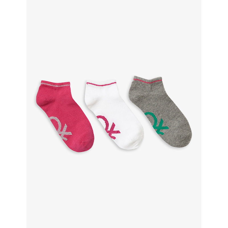 Benetton Boys Multi Colours Kids Pack Of Three Logo-embroidered Cotton-blend Ankle Socks 1-14 Years