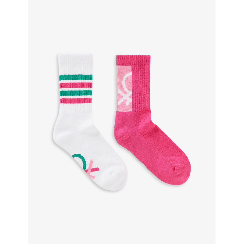 Benetton Kids' Logo-weave Pack Of Two Stretch Cotton-blend Socks 5-14 Years In Pink And White
