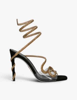 Shop René Caovilla Rene Caovilla Women's Black/comb Snake Crystal-embellished Satin Heeled Sandals