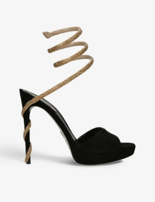 RENE CAOVILLA: Snake-strap crystal-embellished suede heeled sandals