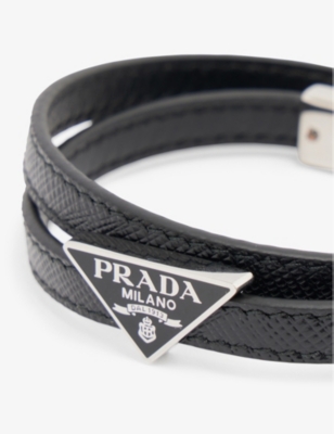 Prada Mens Nero Double Wrap Leather Bracelet | ModeSens