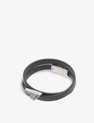 Prada Mens Nero Double Wrap Leather Bracelet | ModeSens