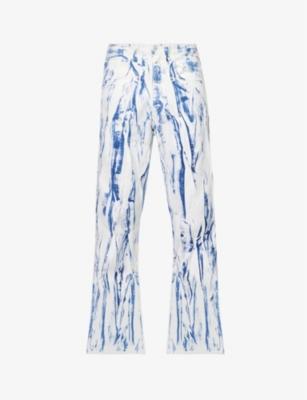 KUSIKOHC KUSIKOHC MEN'S WHITE / BLUE ABSTRACT-PRINT WIDE-LEG DENIM JEANS,66973455