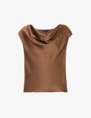 Theory Cap-sleeve Crushed Satin Cowl-neck Top In Pecan