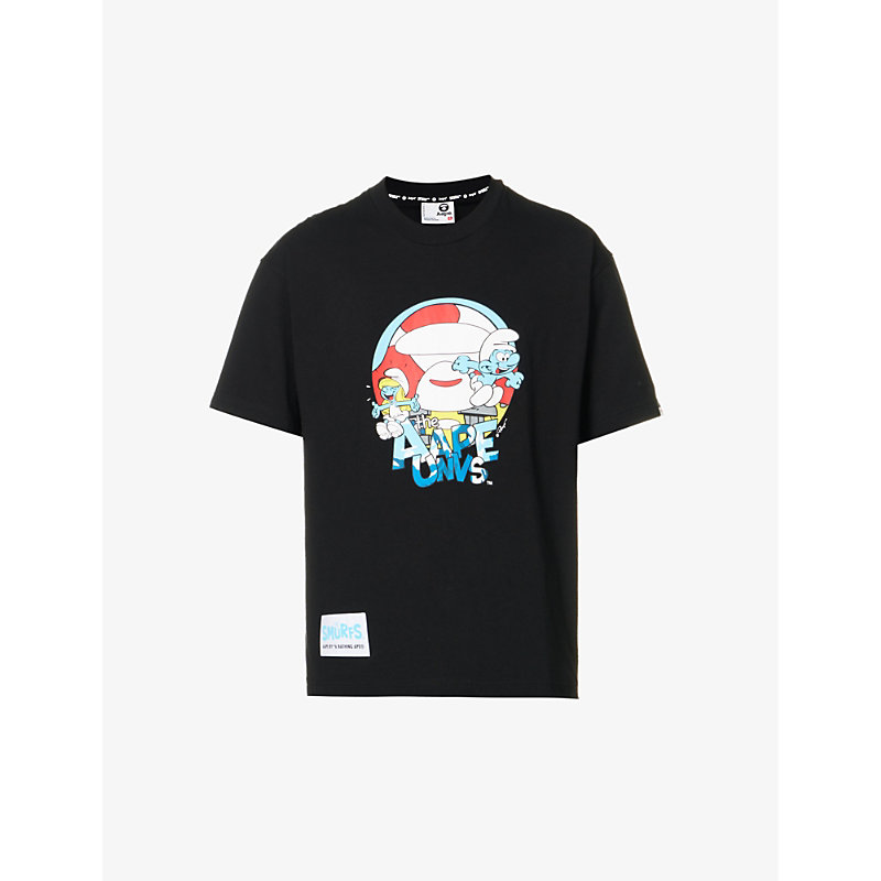 Aape Mens Black X The Smurfs Graphic-print Cotton-jersey T-shirt