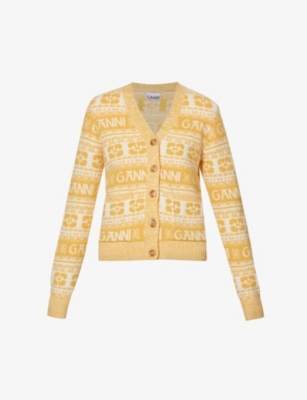 GANNI GANNI WOMEN'S MAIZE LOGO INTARSIA-KNIT V-NECK WOOL, RECYCLED-WOOL AND RECYCLED-POLYAMIDE-BLEND CARDI,66992876