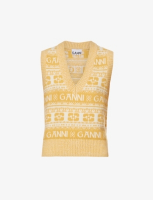 GANNI GANNI WOMEN'S MAIZE LOGO INTARSIA-KNIT V-NECK WOOL, RECYCLED-WOOL AND RECYCLED-POLYAMIDE-BLEND JUMPE,66992968