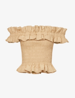 GANNI: Ruffle-trim off-the-shoulder organic-cotton top
