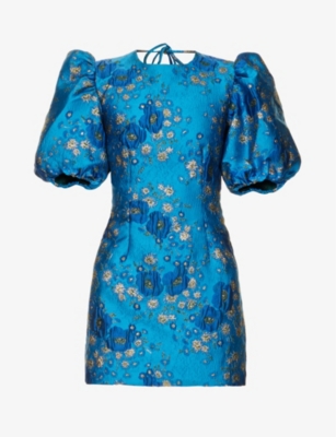 GANNI GANNI WOMEN'S BRILLIANT BLUE PUFFED-SLEEVE OPEN-BACK FLORAL-JACQUARD WOVEN MINI DRESS,66993750