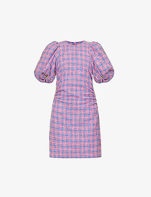 GANNI: Check-print puff-sleeves organic cotton-blend mini dress