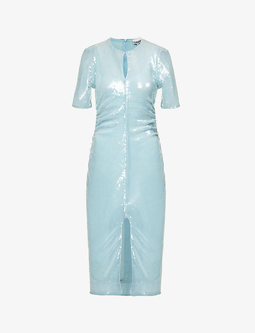 GANNI: Short-sleeved sequin-embellished recycled-polyester midi dress