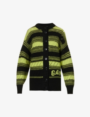 Ganni Logo-intarsia Striped Wool Cardigan In Black
