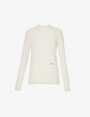Ganni Womens Egret Logo-embroidered Round-neck Alpaca-blend Jumper In Egret