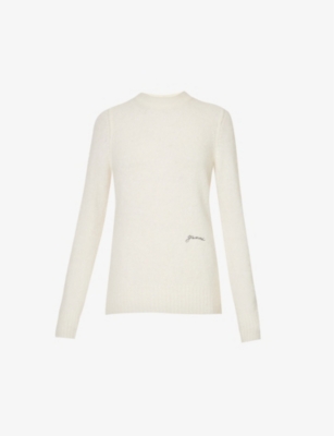 Shop Ganni Women's Egret Logo-embroidered Round-neck Alpaca-blend Jumper