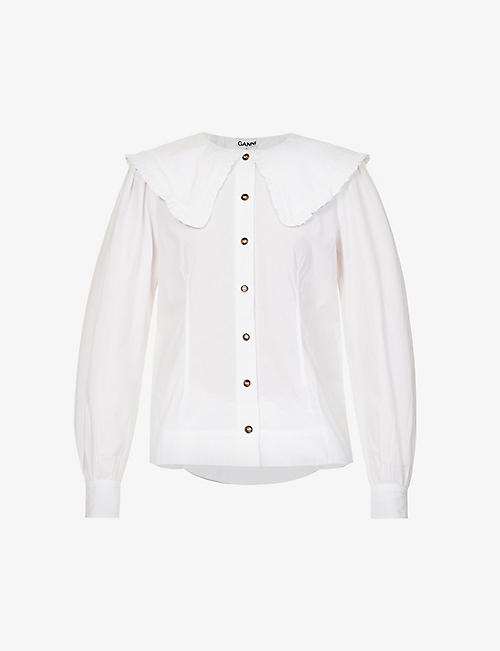 GANNI: Wide-collar ruffle-trim organic-cotton shirt