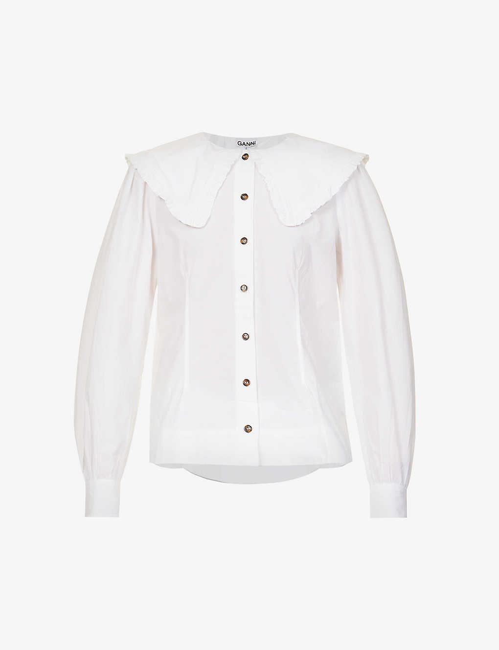 Ganni Womens White Wide-collar Ruffle-trim Organic-cotton Shirt