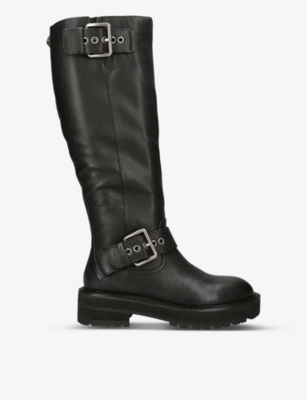 Kurt Geiger London Womens Black Hackney Buckle-embellished Leather Knee-high Boots