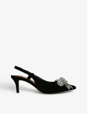 KURT GEIGER LONDON: Belgravia sling-back bow-embellished velvet heeled courts