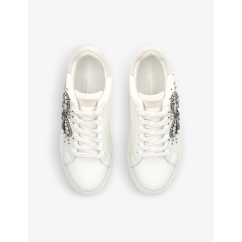 Shop Kurt Geiger Laney Bow Crystal-embellished Leather Flatform Low-top Trainers In White