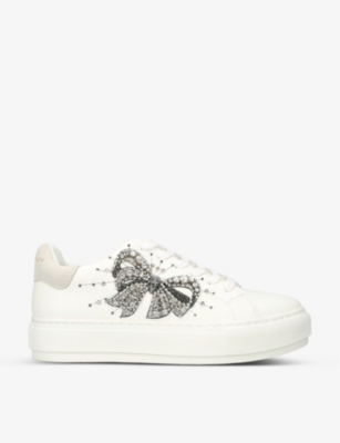 KURT GEIGER LONDON: Laney Bow crystal-embellished leather flatform low-top trainers