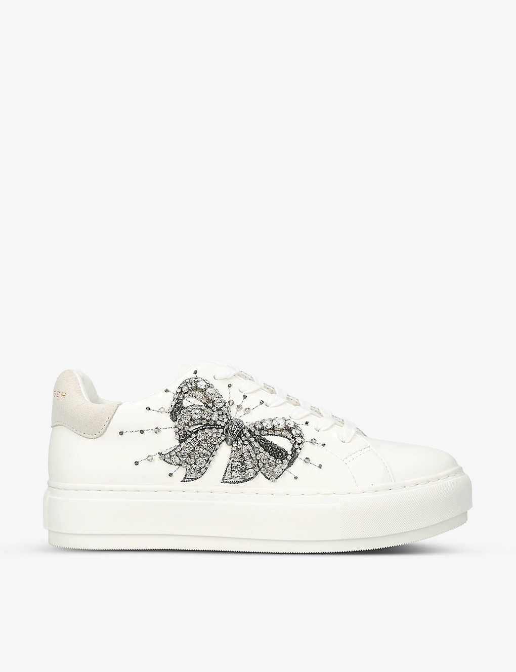 Shop Kurt Geiger Laney Bow Crystal-embellished Leather Flatform Low-top Trainers In White