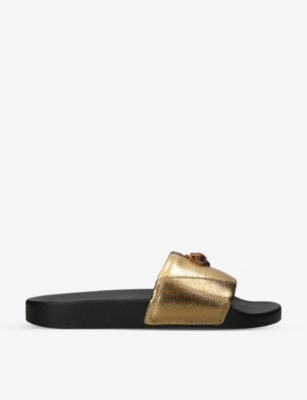 Shop Kurt Geiger London Women's Black/gold/blue Meena Eagle Metallic Faux-leather Sliders