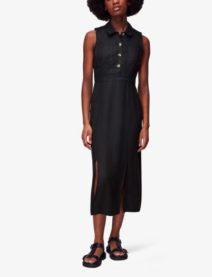 Shop Whistles Women's Black Molly Slit-detail Sleeveless Linen Midi Dress