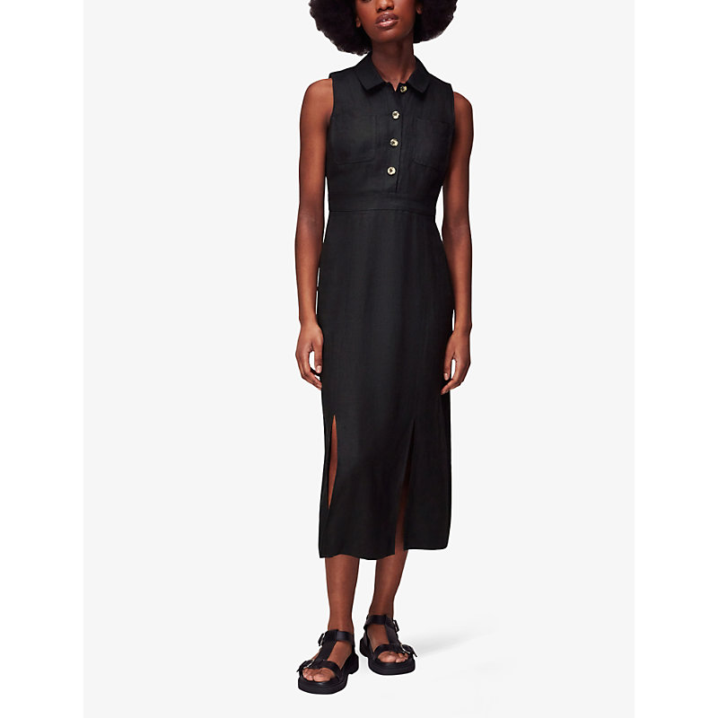 Shop Whistles Women's Black Molly Slit-detail Sleeveless Linen Midi Dress