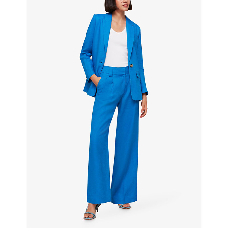 Shop Whistles Women's Blue Leonie Straight-leg Mid-rise Linen Trousers