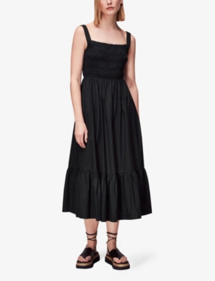 Shop Whistles Women's Black Greta Shirred-bodice Ruched Cotton-poplin Midi Dress