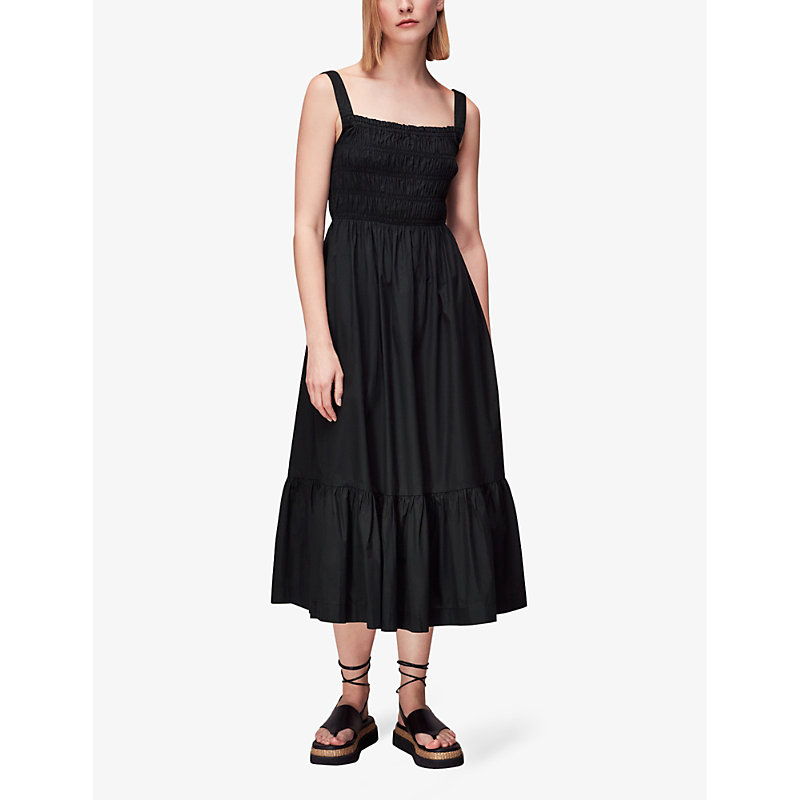 Shop Whistles Greta Shirred-bodice Ruched Cotton-poplin Midi Dress In Black