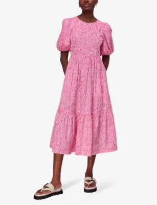Shop Whistles Womens Multi-coloured Uneven Lines Graphic-print Shirred-bodice Cotton Midi Dress