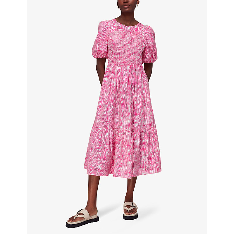 Shop Whistles Women's Multi-coloured Uneven Lines Graphic-print Shirred-bodice Cotton Midi Dress