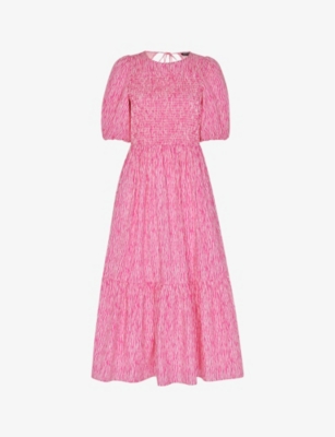 WHISTLES: Uneven Lines graphic-print shirred-bodice cotton midi dress