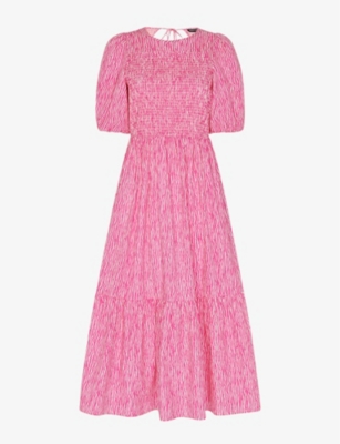Whistles Uneven Lines Graphic-print Shirred-bodice Cotton Midi Dress In Pink/multi
