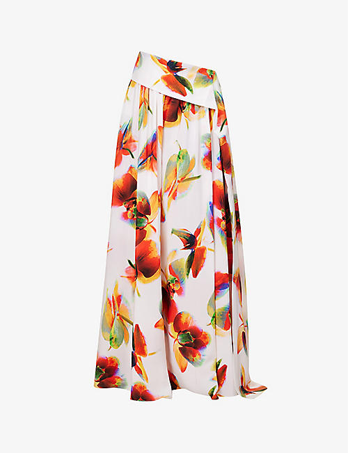 ALEXANDER MCQUEEN: Floral-pattern draped-panel mid-rise relaxed-fit silk trousers