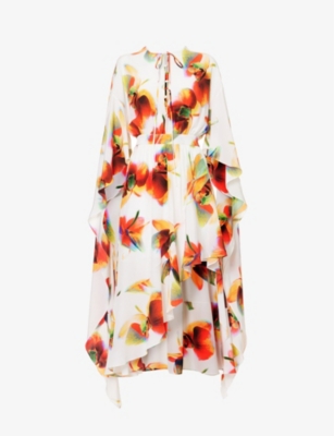 ALEXANDER MCQUEEN: Asymmetric-hem ruffle-trim silk midi dress