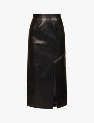Alexander Mcqueen Asymmetric Leather Midi Skirt In Black