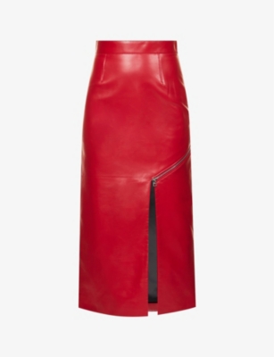 Alexander Mcqueen Zip-detailed Leather Midi Skirt In Welsh Red