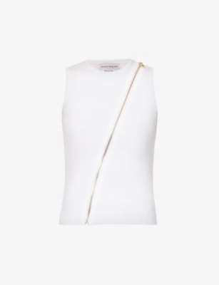 Alexander Mcqueen Zipper Crew Neck Ribbed Sleeveless Top In Optic White Gold