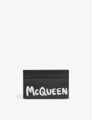 Alexander Mcqueen Black Leather Zipped Card Holder With Logo In Black/white